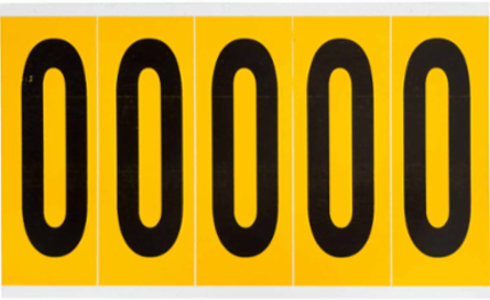 Pressure Sensitive Vinyl Number Labels - 3.875 Inch H, Black on Yellow, 125 Labels Per Pack