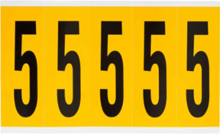 Pressure Sensitive Vinyl Number Labels, 5 in H x 1.75 in W, Black on Yellow, 5 Pack