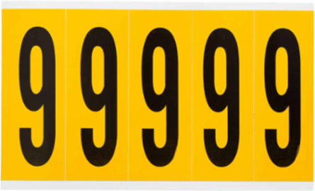 Pressure Sensitive Vinyl Number Labels, 3.875 Inch Height, Black on Yellow, 125 Pack