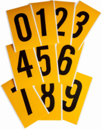 Black on Yellow Vinyl Number and Letter Labels, 9 Inch x 5 Inch, 25 Labels per Kit