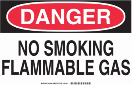 DANGER No Smoking Flammable Gas Sign, 10" H x 14" W x 0.035" D, Aluminum