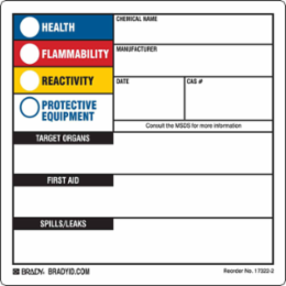 HEALTH, FLAMMABILITY, REACTIVITY, PROTECTIVE EQUIPMENT…, 6" H x 6" W, Black/Blue/Red/Yellow on White, Roll of 250 Labels