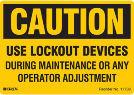 USE LOCKOUT DEVICES DURING MAINTENANCE OR ANY OPERATOR ADJUSTMENT, 3.5" H x 5" W, Black on Yellow, Pack of 25 Labels