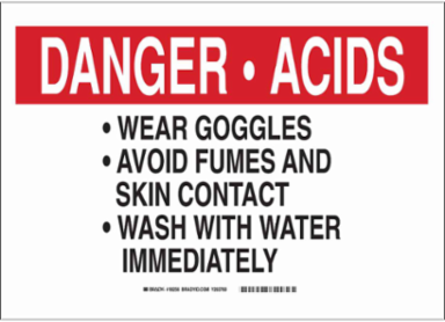 DANGER ACIDS Wear Goggles Avoid Fumes And Skin Contact Wash With Water Immediately Sign, 10" H x 14" W x 0.006" D, Polyester