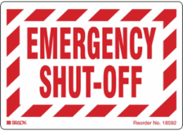 EMERGENCY SHUT-OFF, 3.5" H x 5" W, Red on White, Pack of 25 Labels