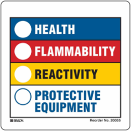 HEALTH, FLAMMABILITY, REACTIVITY, PROTECTIVE EQUIPMENT, 3.875" H x 3.875" W, Black/Blue/Red/Yellow on White, Pack of 50 Labels