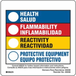 HEALTH/SALUD, FLAMMABILITY/INFLAMABILIDAD, REACTIVITY/REACTIVIDAD, PROTECTIVE EQUIPMENT/EQUIPO PROTECTIVO, 3.875" H x 3.875" W, Black/Blue/Red/Yellow on White, Pack of 100 Labels