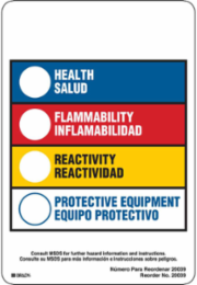 HEALTH/SALUD, FLAMMABILITY/INFLAMABILIDAD, REACTIVITY/REACTIVIDAD, PROTECTIVE EQUIPMENT/EQUIPO PROTECTIVO, 5.875" H x 4" W, Black/Blue/Red/Yellow on White, Pack of 100 Labels