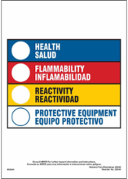 HEALTH/SALUD, FLAMMABILITY/INFLAMABILIDAD, REACTIVITY/REACTIVIDAD, PROTECTIVE EQUIPMENT/EQUIPO PROTECTIVO, 10" H x 7" W, Black/Blue/Red/Yellow on White, Pack of 100 Labels