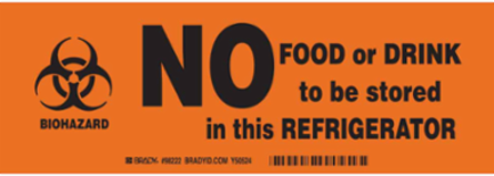No Food Or Drink Should Be Stored In This Refrigerator Sign, Black on Orange, 3.5 " H x 10 " W, Polyester