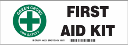 First aid kit Sign, 3.5 " H x 10 " W, Black/Green on White