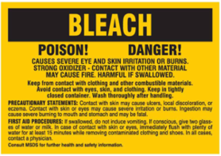 POISON! DANGER! CAUSES SEVERE EYE AND SKIN IRRITATION OR BURNS. STRONG OXIDIZER - CONTACT WITH OTHER MATERIAL MAY CAUSE FIRE. HARMFUL IF SWALLOWED…, 3.5" H x 2" W, Black on Yellow, Pack of 25 Labels