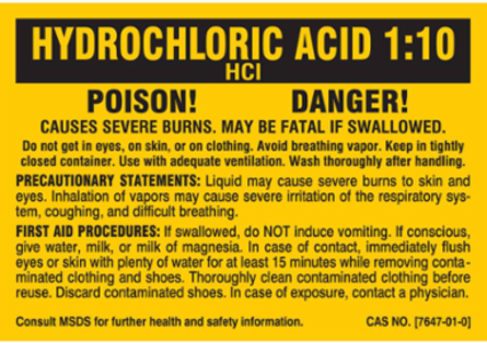 HYDROCHLORIC ACID 1:10. POISON! DANGER! CAUSES SEVERE BURNS. MAY BE FATAL IF SWALLOWED…, 2" H x 2" W, Black on Yellow, Pack of 25 Labels