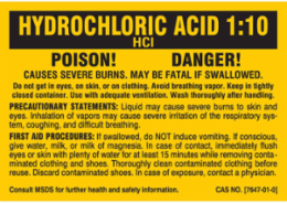 HYDROCHLORIC ACID 1:10. POISON! DANGER! CAUSES SEVERE BURNS. MAY BE FATAL IF SWALLOWED…, 2" H x 2" W, Black on Yellow, Pack of 25 Labels