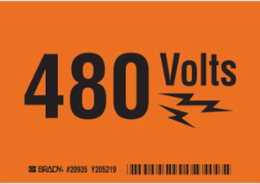 480 VOLTS Sign, 3.5 Inch H x 5 Inch W, Black on Orange, Indoor/Outdoor Use