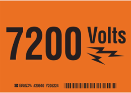 7200 VOLTS Sign, 3.5 Inch H x 5 Inch W, Black on Orange, Abrasion-Resistant