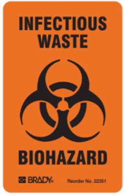 INFECTIOUS WASTE BIOHAZARD, 2" H x 1.875" W, Black on Orange, Pack of 100 Labels