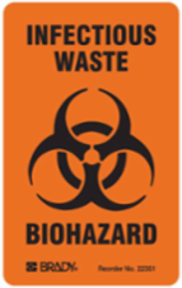 INFECTIOUS WASTE BIOHAZARD, 2" H x 1.875" W, Black on Orange, Pack of 100 Labels