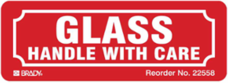 GLASS HANDLE WITH CARE, White on Red, 1.25" H x 3.125" W, Paper, Pack of 500 Labels