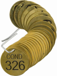 Stamped Brass Valve Tags, 1.5" Dia, COND, 326-350, 0.25"