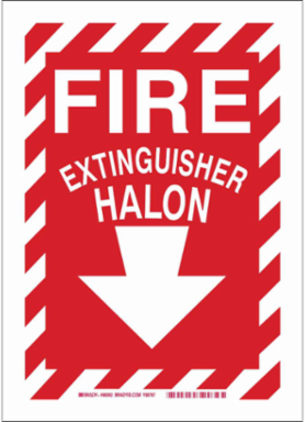 Fire Extinguisher Halon Sign, 14" H x 10" W x 0.06" D, White on Red, Polystyrene
