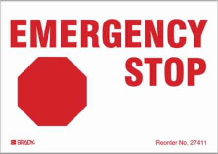 EMERGENCY STOP, 3.5" H x 5" W, Red on White, Pack of 8 Labels