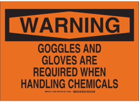 WARNING Goggles And Gloves Are Required When Handling Chemicals Sign, 10" H x 14" W x 0.035" D, Aluminum