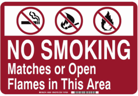 No Smoking Matches Or Open Flames In This Area Sign, 10" H x 14" W x 0.035" D, Aluminum