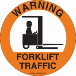 Anti-Skid Floor Sign 8 Inch Diameter Black/Orange on White, Vinyl, WARNING: Forklift Traffic