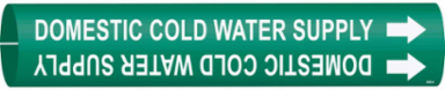 Snap-On Pipe Marker: DOMESTIC COLD WATER SUPPLY, 0.8125" H x 0.8125" W, White on Green