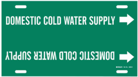 Strap-On Pipe Marker: DOMESTIC COLD WATER SUPPLY, 10" H x 32" W, White on Green