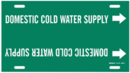 Strap-On Pipe Marker: DOMESTIC COLD WATER SUPPLY, 10" H x 32" W, White on Green