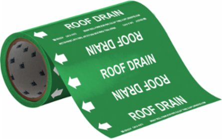 Roll Form Pipe Marker: ROOF Drain, 30' H x 8" W, Roll of 30', Fits Pipes 2" Dia. or Smaller