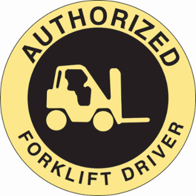 AUTHORIZED FORKLIFT DRIVER Hard Hat Labels, 2" Dia x 0.004 in D, Card of 4 Labels, Black on Yellow
