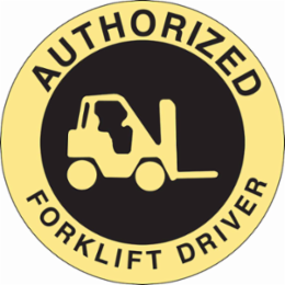 AUTHORIZED FORKLIFT DRIVER Hard Hat Labels, 2" Dia x 0.004 in D, Card of 4 Labels, Black on Yellow