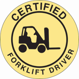 CERTIFIED FORKLIFT DRIVER Hard Hat Labels, 2" Dia x 0.004 in D, Card of 4 Labels, Black on Yellow