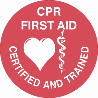 CPR FIRST AID CERTIFIED AND TRAINED Hard Hat Labels, 2" Dia x 0.004 in D, Card of 4 Labels, White on Red