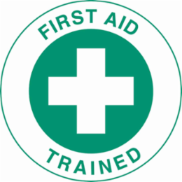FIRST AID TRAINED Hard Hat Labels, 2" Dia, Card of 4 Labels, Green on White