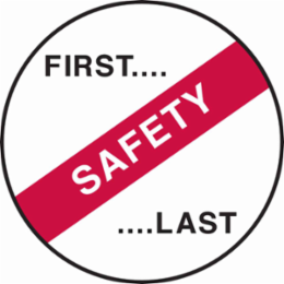 FIRST... SAFETY ...LAST Hard Hat Labels, 2" Dia x 0.004" D, Card of 4 Labels, Black/Red on White
