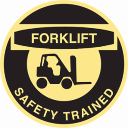 FORKLIFT SAFETY TRAINED Hard Hat Labels, 2" Dia x 0.004 in D, Card of 4 Labels, Black on Yellow