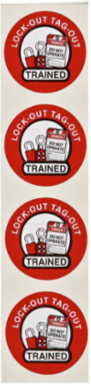 LOCK-OUT TAG-OUT TRAINED Hard Hat Labels, 2" Dia x 0.004" D, Card of 4 Labels, Black/Red on White