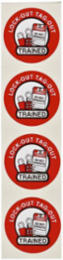 LOCK-OUT TAG-OUT TRAINED Hard Hat Labels, 2" Dia x 0.004" D, Card of 4 Labels, Black/Red on White