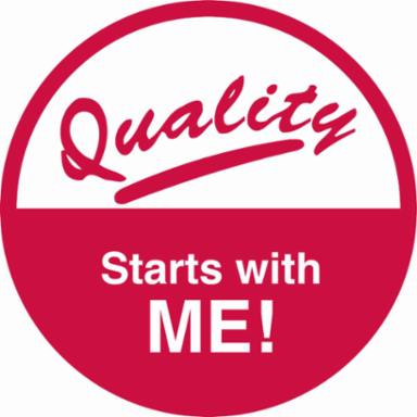 QUALITY STARTS WITH ME! Hard Hat Labels, 2" Dia x 0.004" D, Card of 4 Labels, Red on White