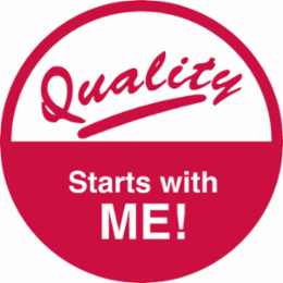 QUALITY STARTS WITH ME! Hard Hat Labels, 2" Dia x 0.004" D, Card of 4 Labels, Red on White