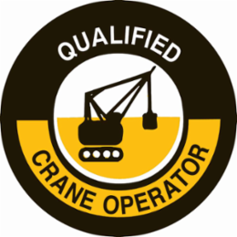 QUALIFIED CRANE OPERATOR Hard Hat Labels, 2" Dia x 0.004" D, Card of 4 Labels, Black/Orange on White