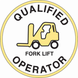QUALIFIED FORK LIFT OPERATOR Hard Hat Labels, 2" Dia x 0.004" D, Card of 4 Labels, Black/Yellow on White