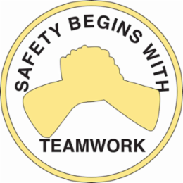 SAFETY BEGINS WITH TEAMWORK Hard Hat Labels, 2" Dia x 0.004" D, Card of 4 Labels, Black/Yellow on White