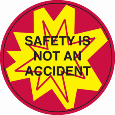 SAFETY IS NOT AN ACCIDENT Hard Hat Labels, 2" Dia x 0.004 in D, Card of 4 Labels, Black/Red on Yellow