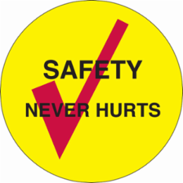 SAFETY NEVER HURTS Hard Hat Labels, 2" Dia x 0.004 in D, Card of 4 Labels, Black/Red on Yellow