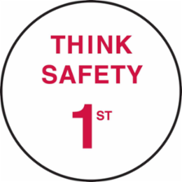 THINK SAFETY 1st Hard Hat Labels, 2" Dia x 0.004" D, Card of 4 Labels, Red on White